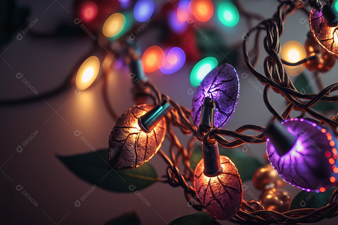 Guirlanda de luz de Natal na janela e decoração em fundo colorido com foco seletivo e fundo desfocado.