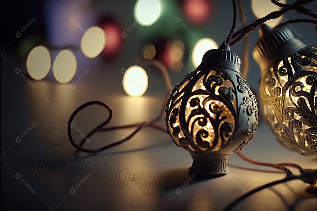 Guirlanda de luz de Natal na janela e decoração em fundo colorido com foco seletivo e fundo desfocado.