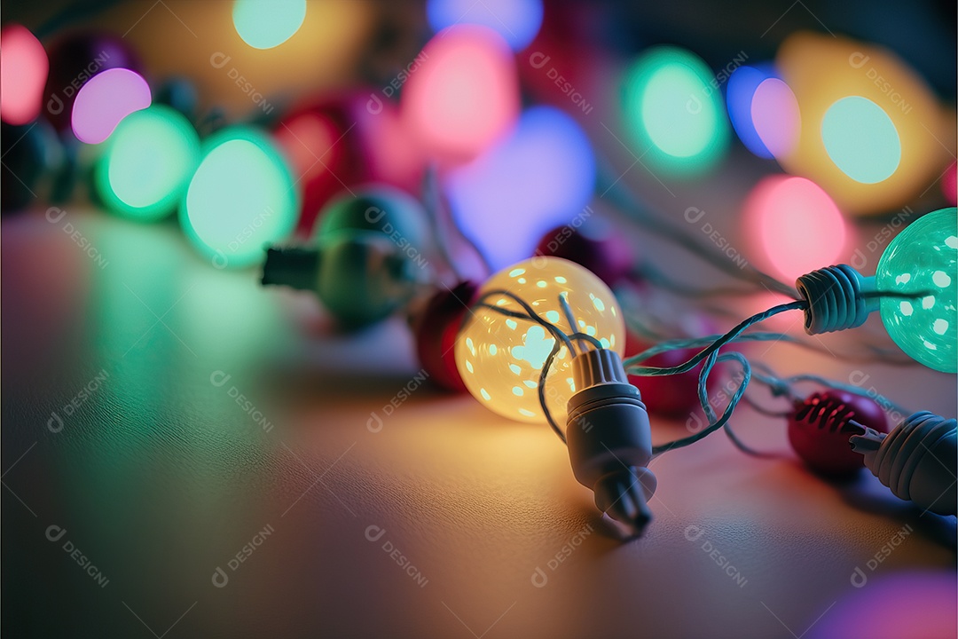 Guirlanda de luz de Natal na janela e decoração em fundo colorido com foco seletivo e fundo desfocado.