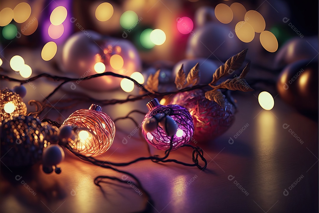 Guirlanda de luz de Natal na janela e decoração em fundo colorido com foco seletivo e fundo desfocado.