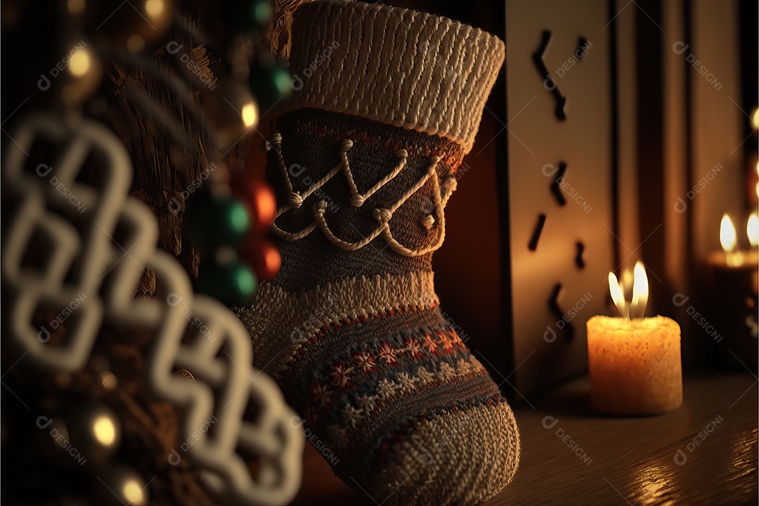 Meias de Natal na lareira e decoração em fundo colorido com foco seletivo e fundo desfocado.