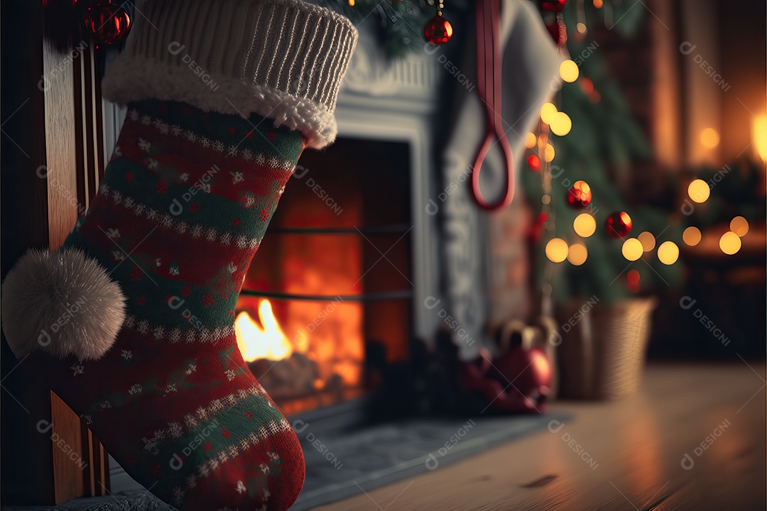 Meias de Natal na lareira e decoração em fundo colorido com foco seletivo e fundo desfocado.