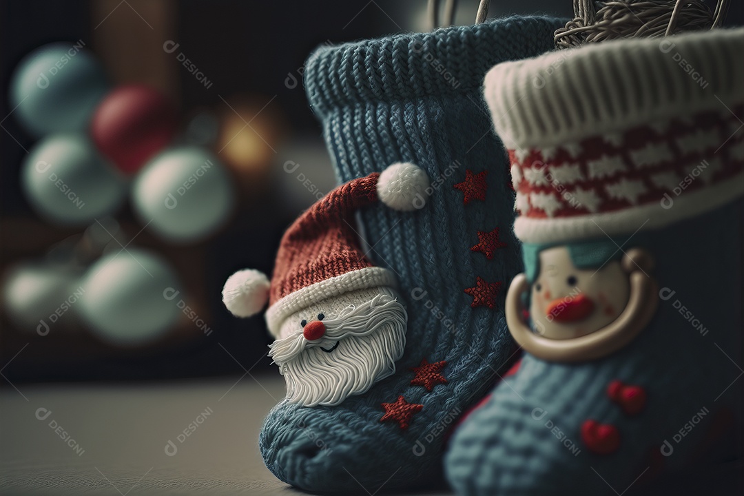 Christmas stockings on fireplace and decoration on colorful background with selective focus and blurred background.