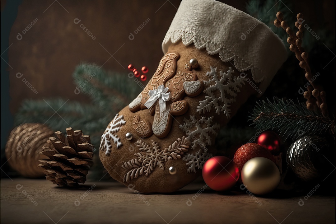 Meias de Natal na lareira e decoração em fundo colorido com foco seletivo e fundo desfocado.