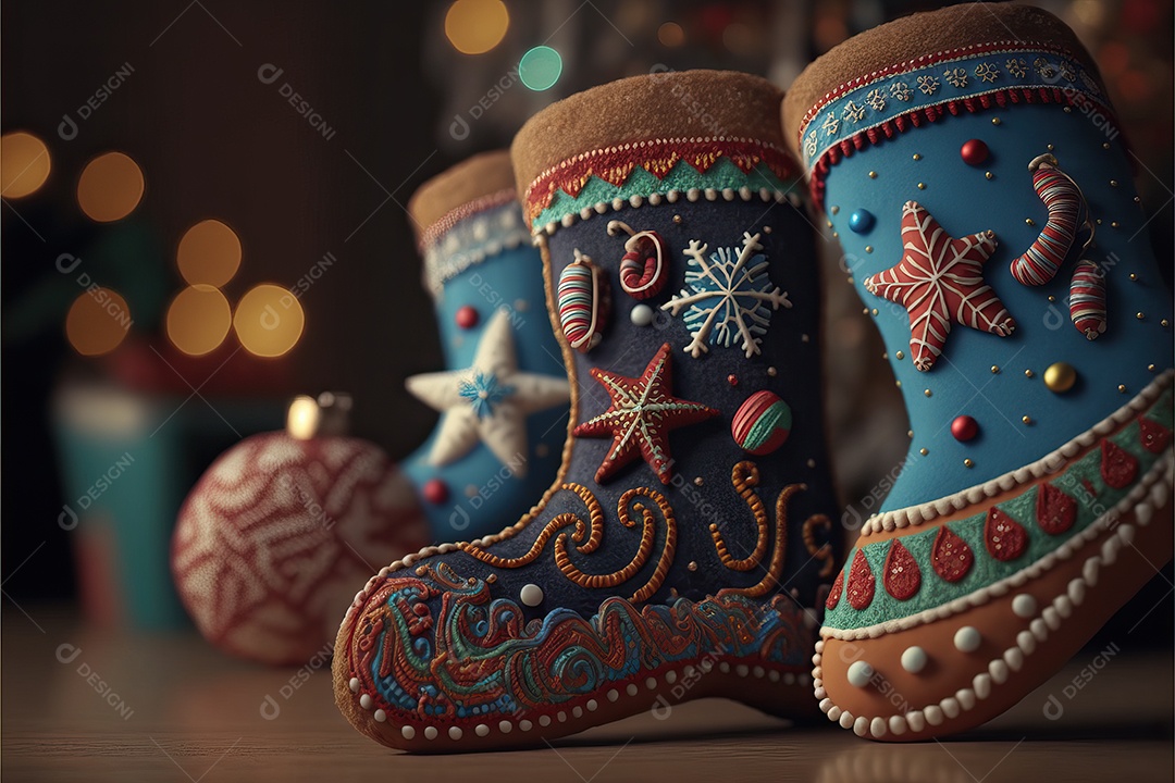 Meias de Natal na lareira e decoração em fundo colorido com foco seletivo e fundo desfocado.