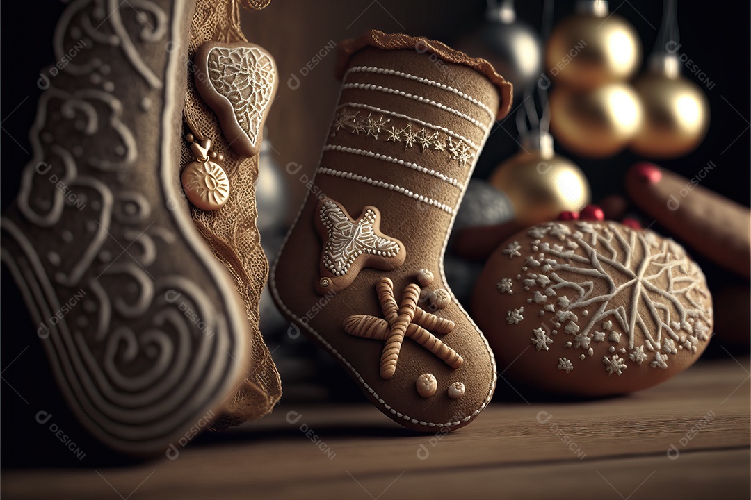 Meias de Natal na lareira e decoração em fundo colorido com foco seletivo e fundo desfocado.