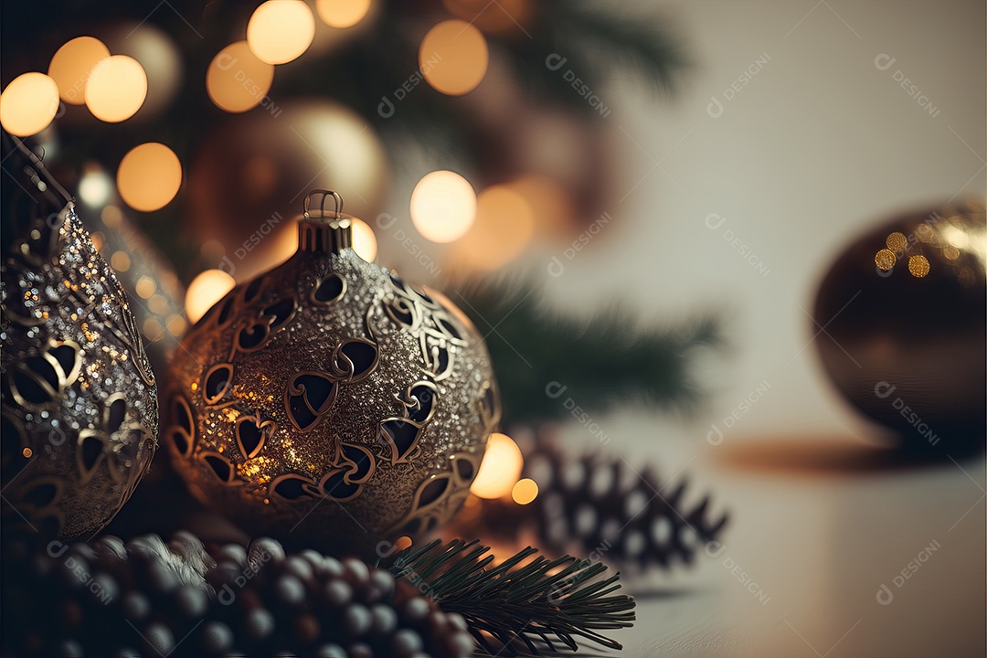 Close-up de enfeites na árvore de Natal com guirlandas em fundo colorido com foco seletivo e fundo desfocado.