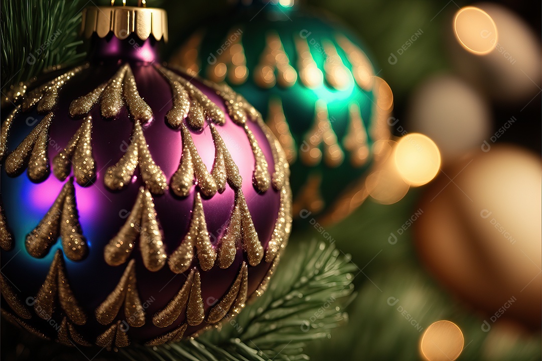 Close-up de enfeites na árvore de Natal com guirlandas em fundo colorido com foco seletivo e fundo desfocado.