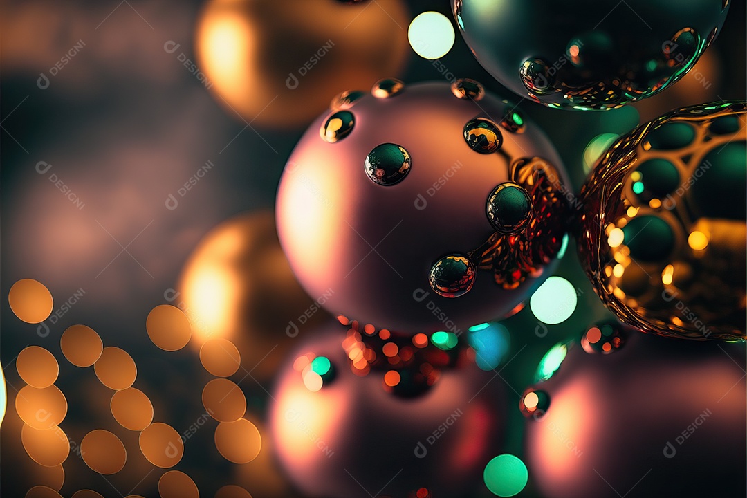 Close-up de enfeites na árvore de Natal com guirlandas em fundo colorido com foco seletivo e fundo desfocado.