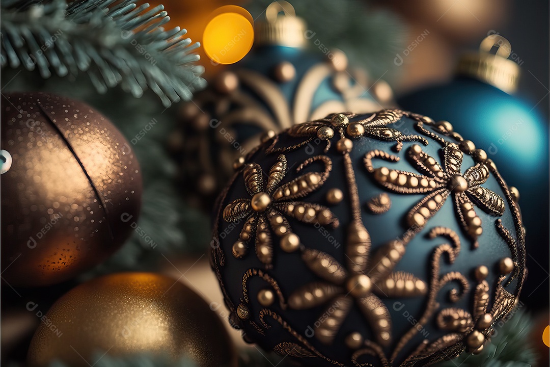 Close-up de enfeites na árvore de Natal com guirlandas em fundo colorido com foco seletivo e fundo desfocado.