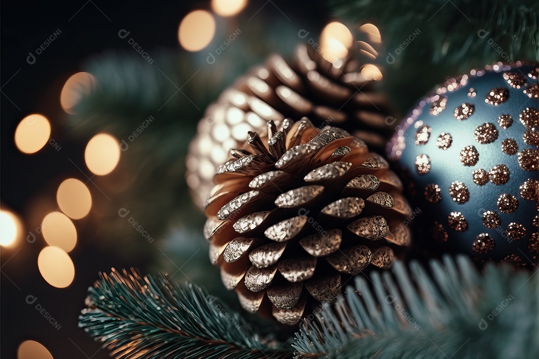 Close-up de enfeites na árvore de Natal com guirlandas em fundo colorido com foco seletivo e fundo desfocado.