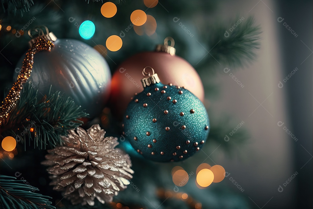 Close-up de enfeites na árvore de Natal com guirlandas em fundo colorido com foco seletivo e fundo desfocado.