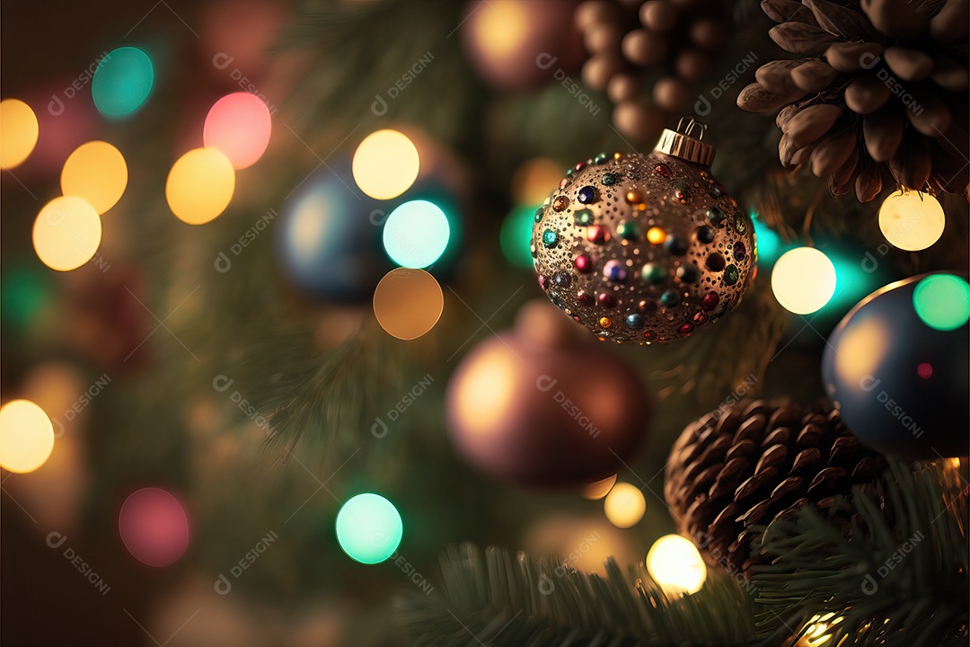 Close-up de enfeites na árvore de Natal com guirlandas em fundo colorido com foco seletivo e fundo desfocado.