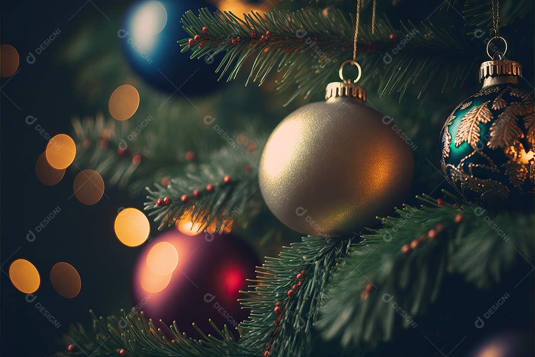 Close-up de enfeites na árvore de Natal com guirlandas em fundo colorido com foco seletivo e fundo desfocado.