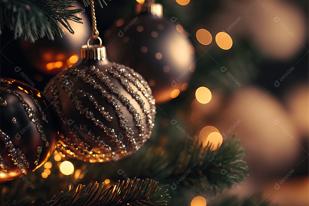 Close-up de enfeites na árvore de Natal com guirlandas em fundo colorido com foco seletivo e fundo desfocado.