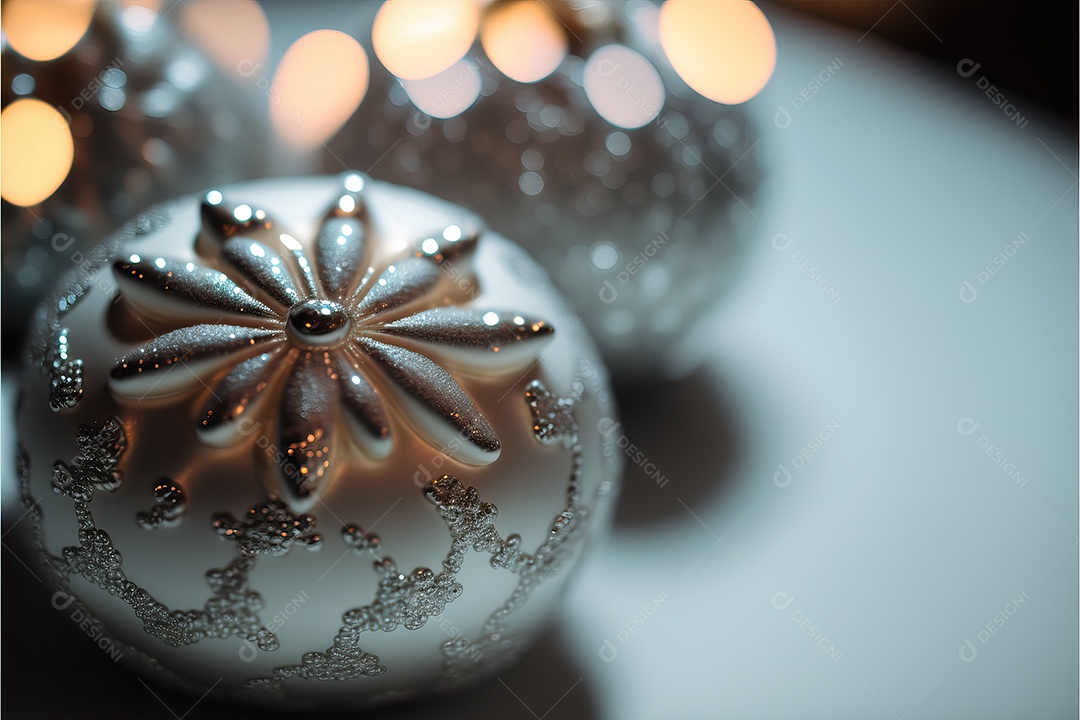 Close-up de enfeites na árvore de Natal com guirlandas em fundo colorido com foco seletivo e fundo desfocado.