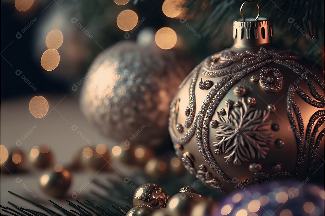 Close-up de enfeites na árvore de Natal com guirlandas em fundo colorido com foco seletivo e fundo desfocado.