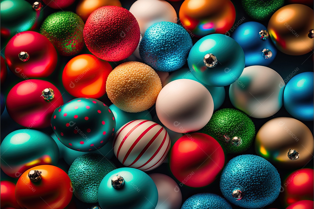 Close-up de enfeites na árvore de Natal com guirlandas em fundo colorido com foco seletivo e fundo desfocado.