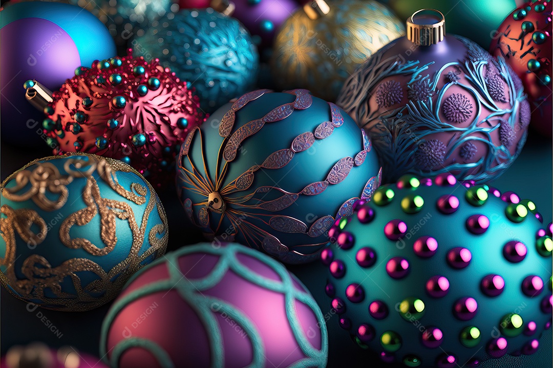 Close-up de enfeites na árvore de Natal com guirlandas em fundo colorido com foco seletivo e fundo desfocado.