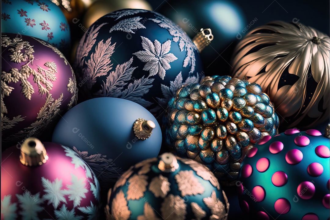 Close-up de enfeites na árvore de Natal com guirlandas em fundo colorido com foco seletivo e fundo desfocado.