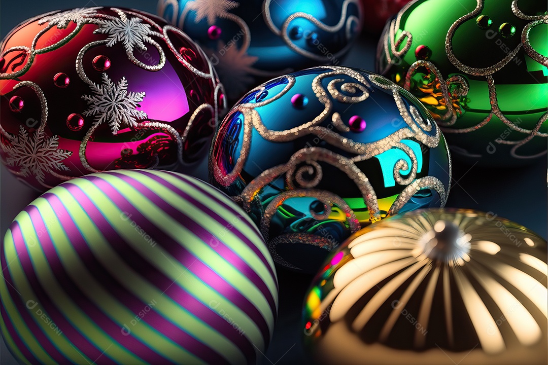 Close-up de enfeites na árvore de Natal com guirlandas em fundo colorido com foco seletivo e fundo desfocado.