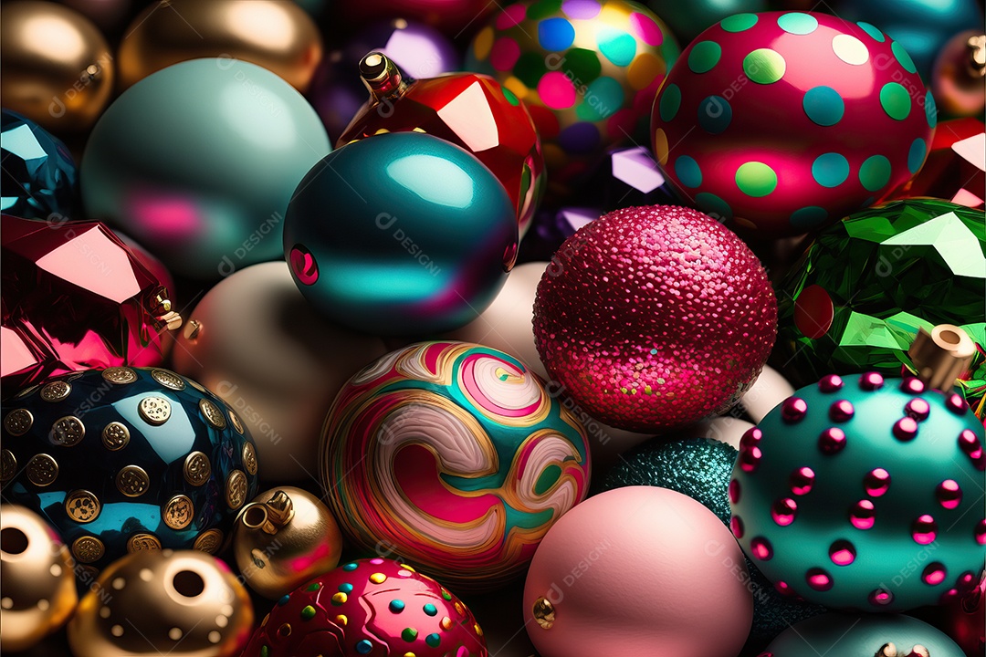 Close-up de enfeites na árvore de Natal com guirlandas em fundo colorido com foco seletivo e fundo desfocado.