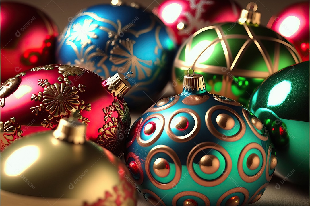 Close-up de enfeites na árvore de Natal com guirlandas em fundo colorido com foco seletivo e fundo desfocado.