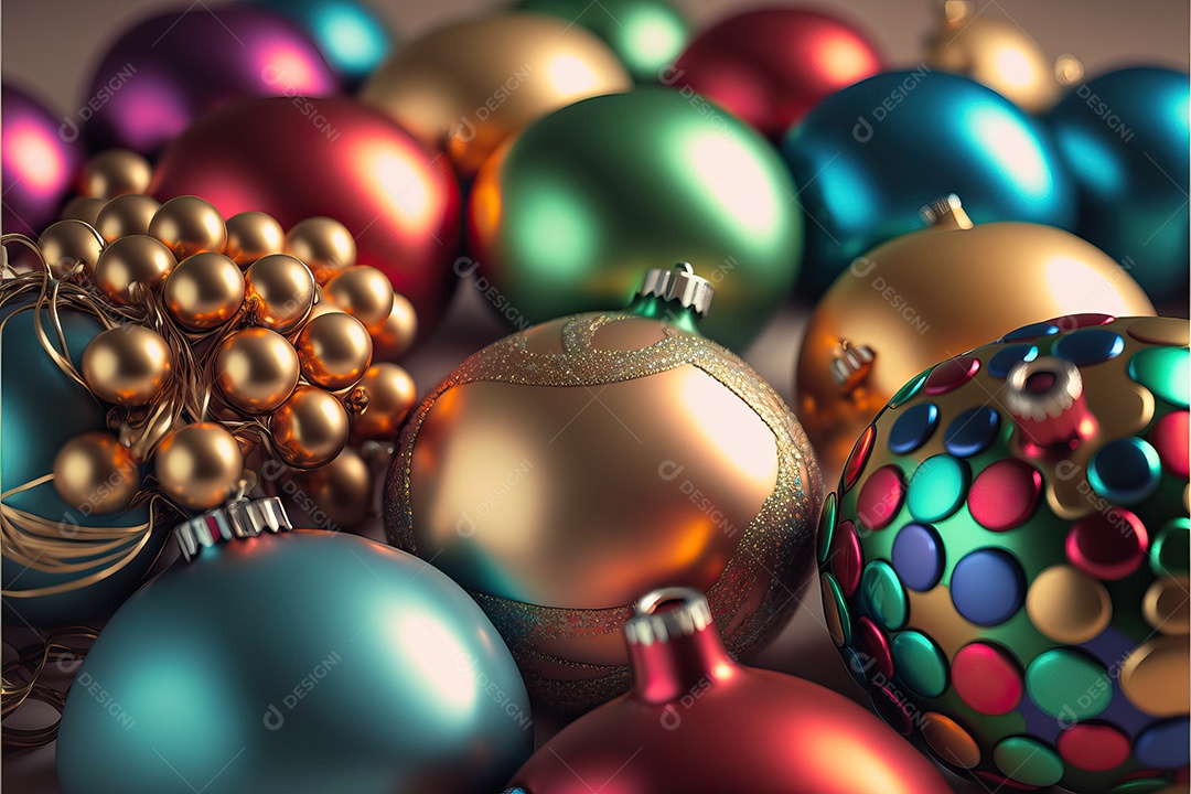 Close-up de enfeites na árvore de Natal com guirlandas em fundo colorido com foco seletivo e fundo desfocado.