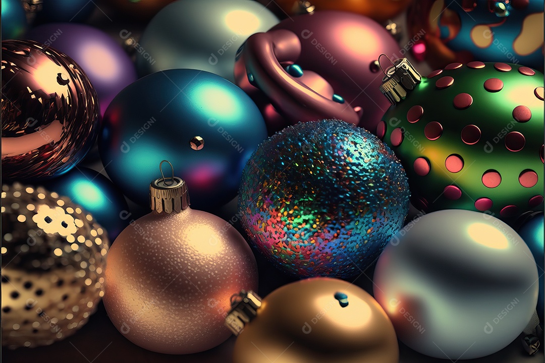 Close-up de enfeites na árvore de Natal com guirlandas em fundo colorido com foco seletivo e fundo desfocado.