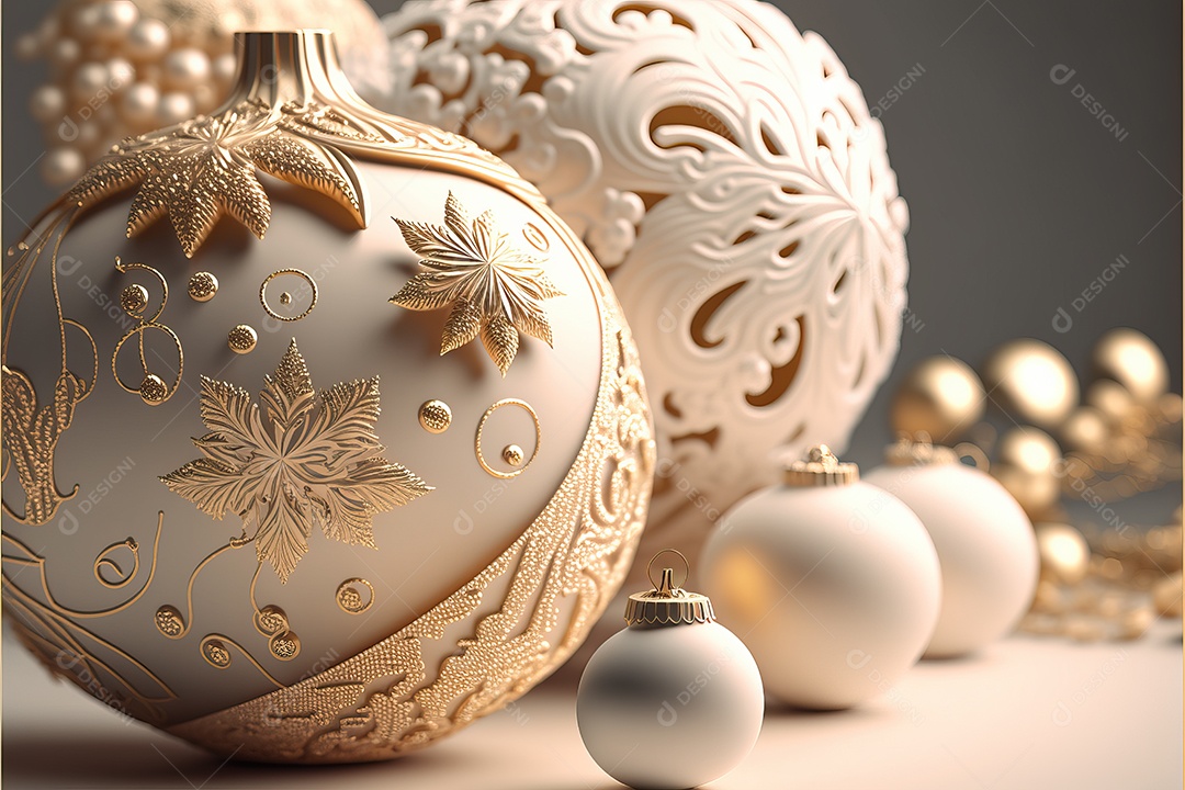 Close-up de enfeites na árvore de Natal com guirlandas em fundo colorido com foco seletivo e fundo desfocado.