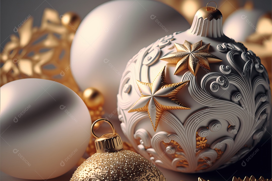 Close-up de enfeites na árvore de Natal com guirlandas em fundo colorido com foco seletivo e fundo desfocado.