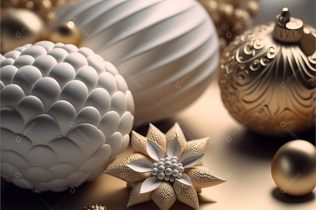 Close-up de enfeites na árvore de Natal com guirlandas em fundo colorido com foco seletivo e fundo desfocado.