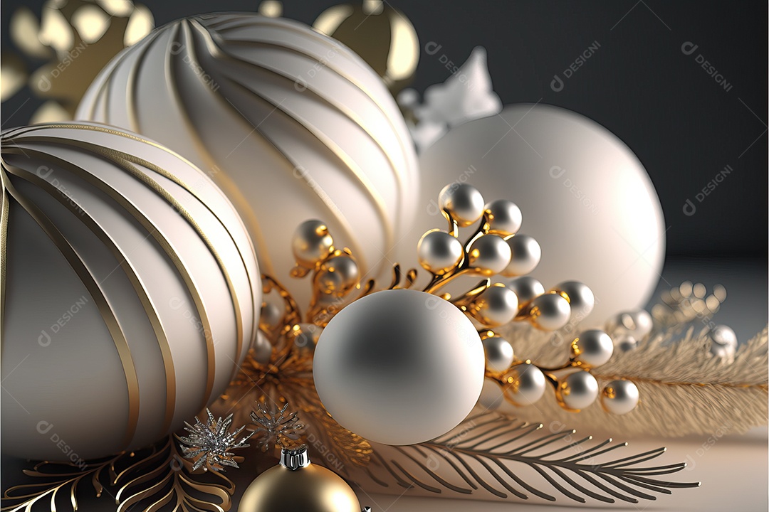 Close-up de enfeites na árvore de Natal com guirlandas em fundo colorido com foco seletivo e fundo desfocado.