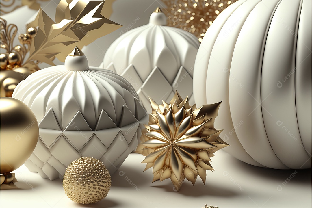 Close-up de enfeites na árvore de Natal com guirlandas em fundo colorido com foco seletivo e fundo desfocado.