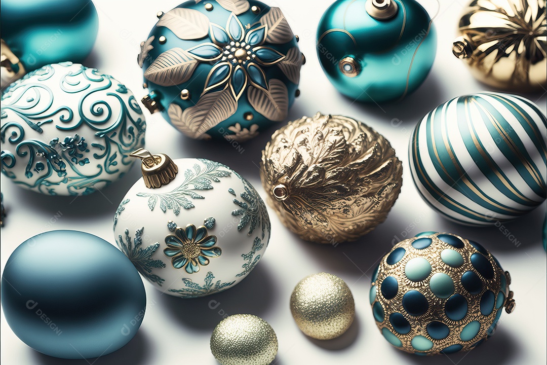 Close-up de enfeites na árvore de Natal com guirlandas em fundo colorido com foco seletivo e fundo desfocado.