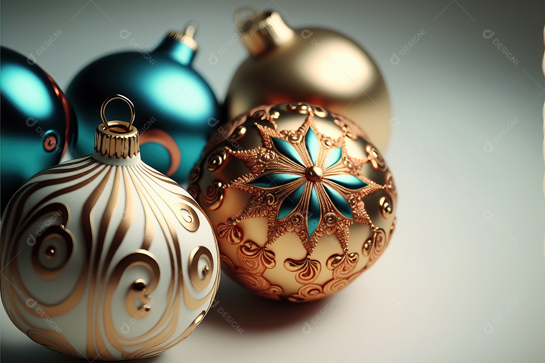 Close-up de enfeites na árvore de Natal com guirlandas em fundo colorido com foco seletivo e fundo desfocado.