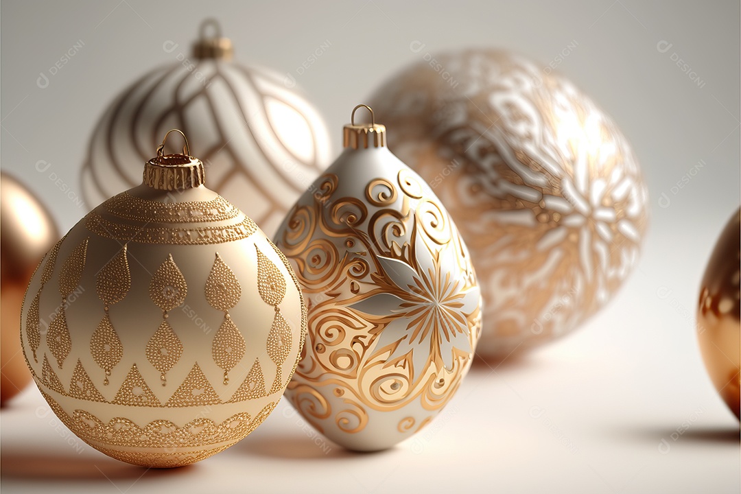 Close-up de enfeites na árvore de Natal com guirlandas em fundo colorido com foco seletivo e fundo desfocado.