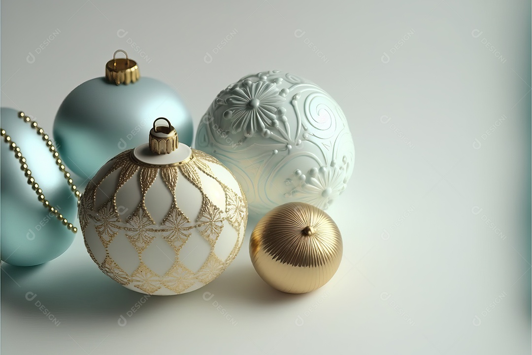 Close-up de enfeites na árvore de Natal com guirlandas em fundo colorido com foco seletivo e fundo desfocado.