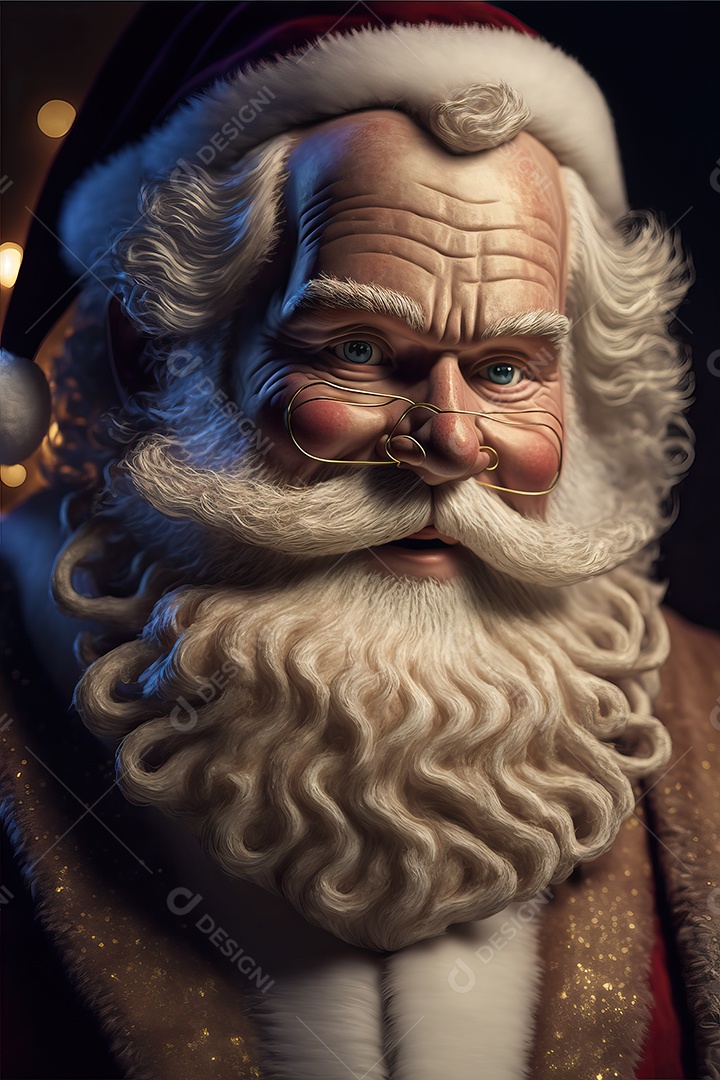 Papai Noel em sua casa sorrindo e amigável sentado perto da lareira na noite de Natal.