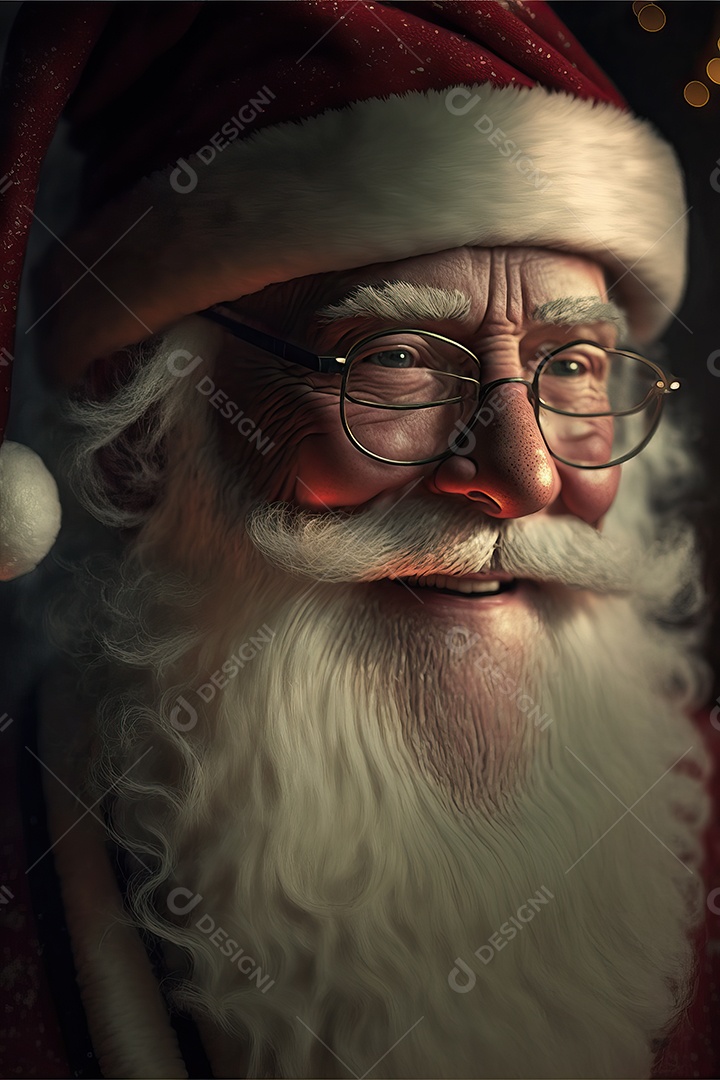 Papai Noel em sua casa sorrindo e amigável sentado perto da lareira na noite de Natal.