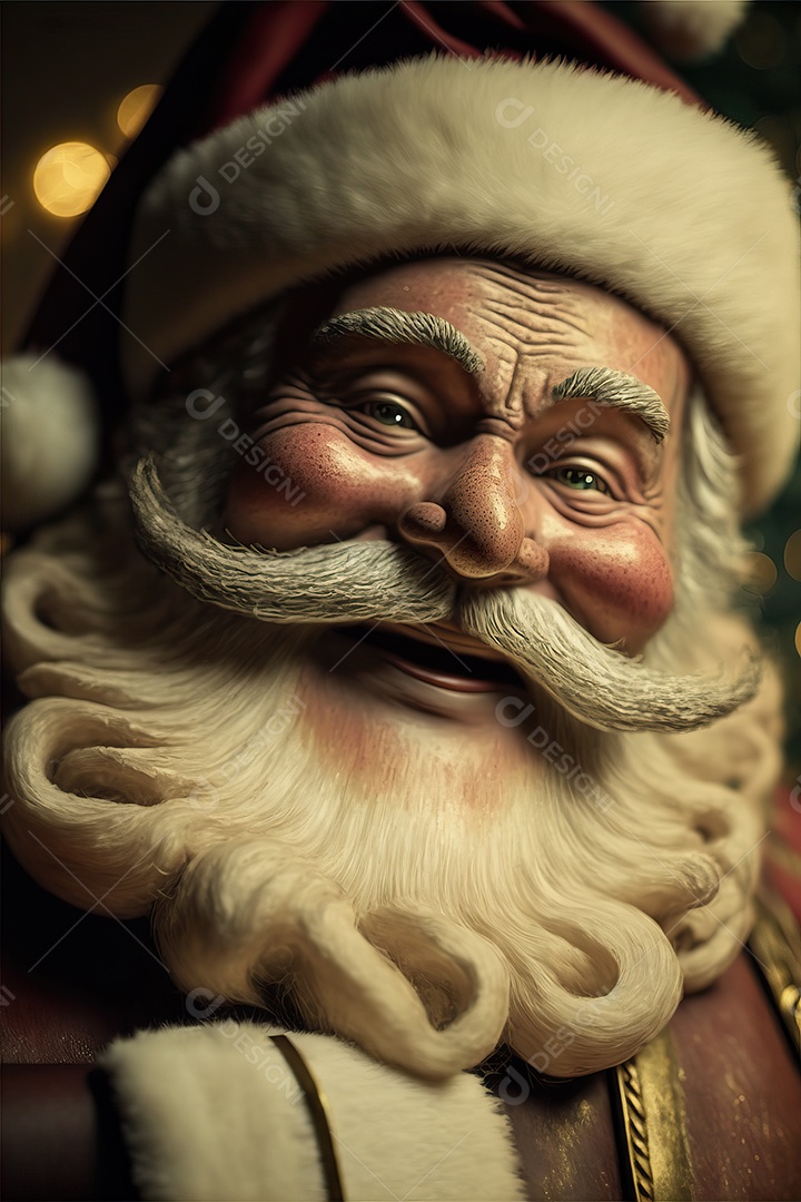 Papai Noel em sua casa sorrindo e amigável sentado perto da lareira na noite de Natal.