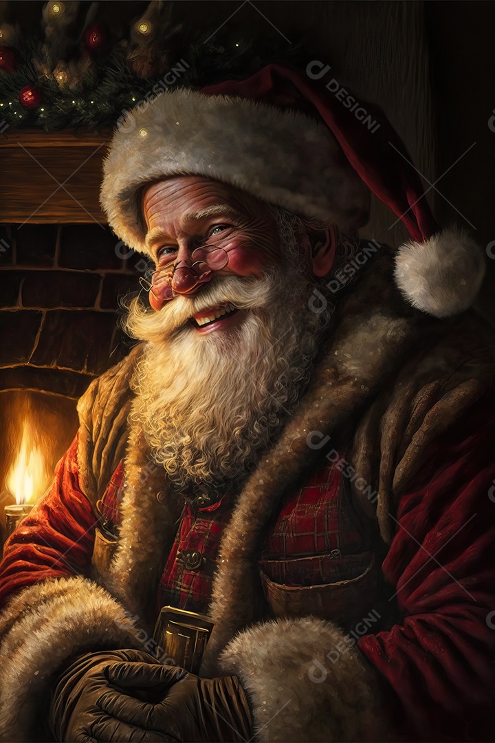 Papai Noel em sua casa sorrindo e amigável sentado perto da lareira na noite de Natal.