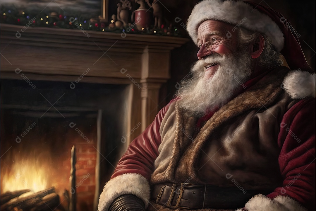 Papai Noel em sua casa sorrindo e amigável sentado perto da lareira na noite de Natal.