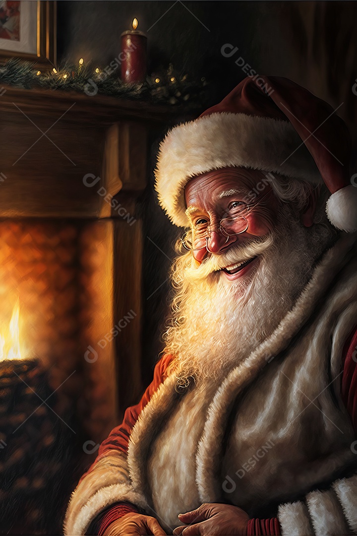 Papai Noel em sua casa sorrindo e amigável sentado perto da lareira na noite de Natal.