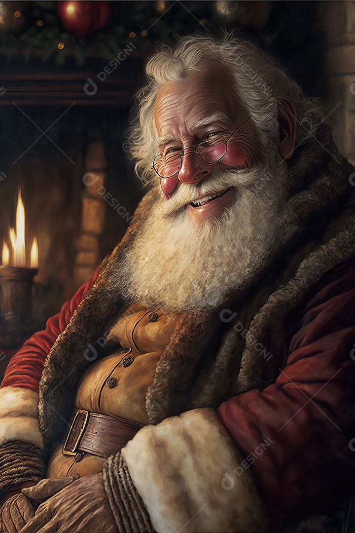 Papai Noel em sua casa sorrindo e amigável sentado perto da lareira na noite de Natal.