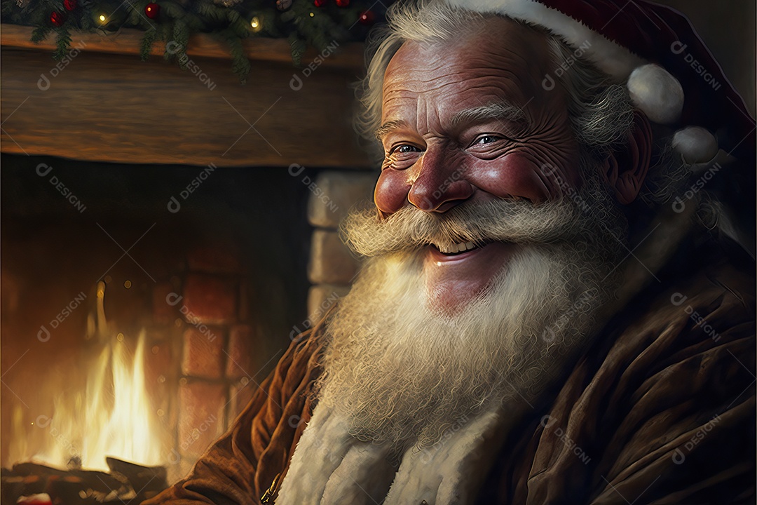 Papai Noel em sua casa sorrindo e amigável sentado perto da lareira na noite de Natal.