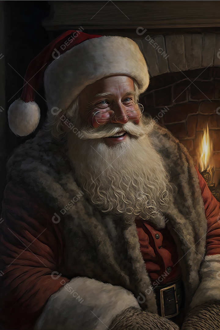 Papai Noel em sua casa sorrindo e amigável sentado perto da lareira na noite de Natal.