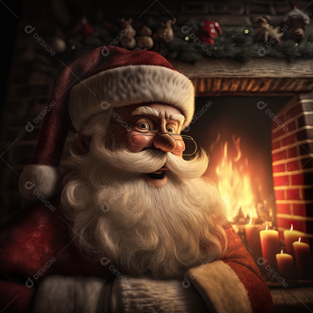 Papai Noel em sua casa sorrindo e amigável sentado perto da lareira na noite de Natal.