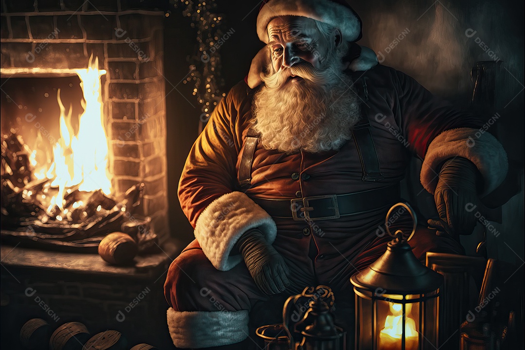 Papai Noel em sua casa sorrindo e amigável sentado perto da lareira na noite de Natal.