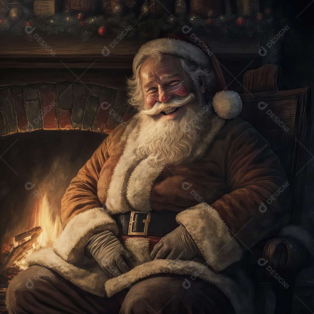 Papai Noel em sua casa sorrindo e amigável sentado perto da lareira na noite de Natal.